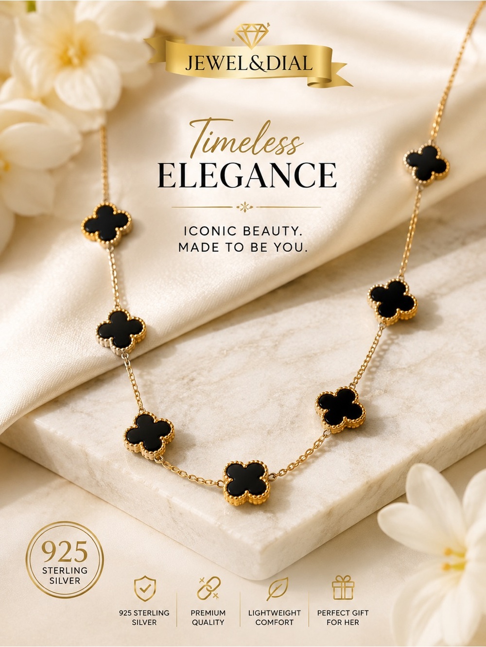 925 Sterling Silver Black Onyx Clover Necklace Adjustable 16–18” Women’s Jewelry